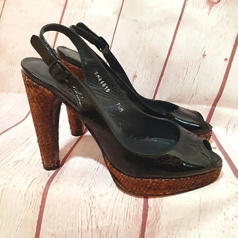 Stuart Weitzman Black Patent Leather Peeptoe Slingback Pumps sz.7.5M MSRP $395